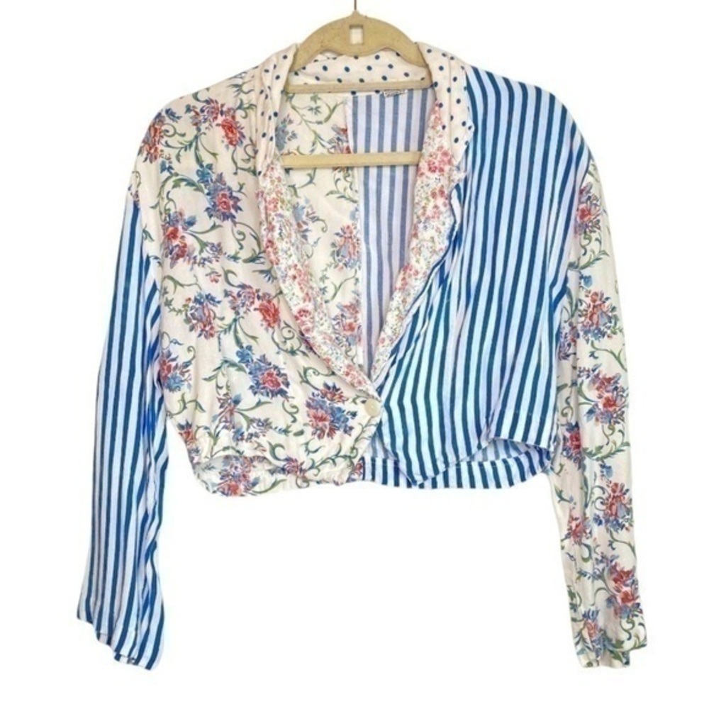 Vintage Boho Floral Blue Striped Light Jacket Size Medium